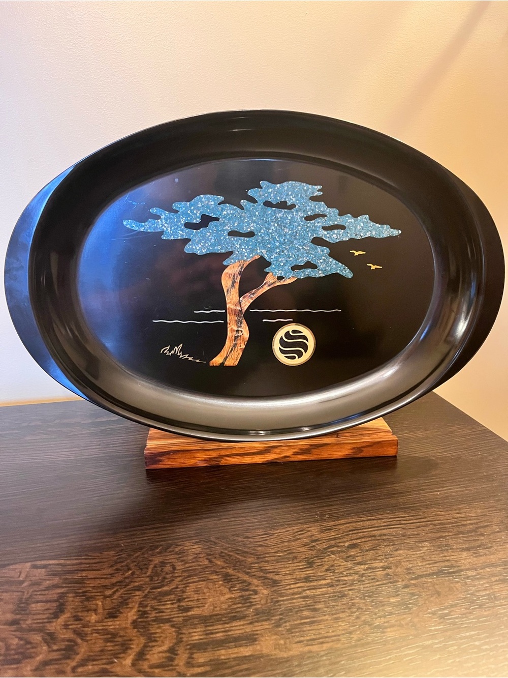 Vintage COUROC Monterey Cypress Inlaid Tray Signed MCM Black Lacquer